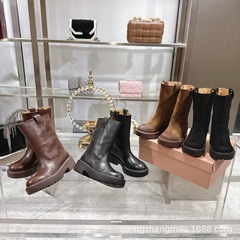 2025秋冬季新款麂皮圆头厚底做旧擦色复古骑士靴低跟中筒靴单靴女