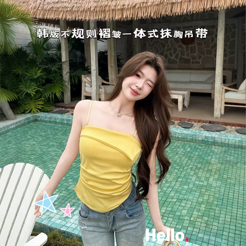 Korean-style solid color strapless camisole for women with chest pads, irregular pleated backless top, slim-fit and slimming summer camisole