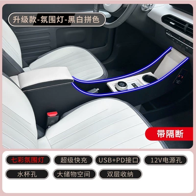 Suitable for Geely Panda Mini | Armrest box - geely-panda-mini-kartknightvitality-bearendurance-bear-black-and-white-two-tone-with-lights-dual-storage-colorful-ambient-lights-super-fast-charging-usb-pd-port
