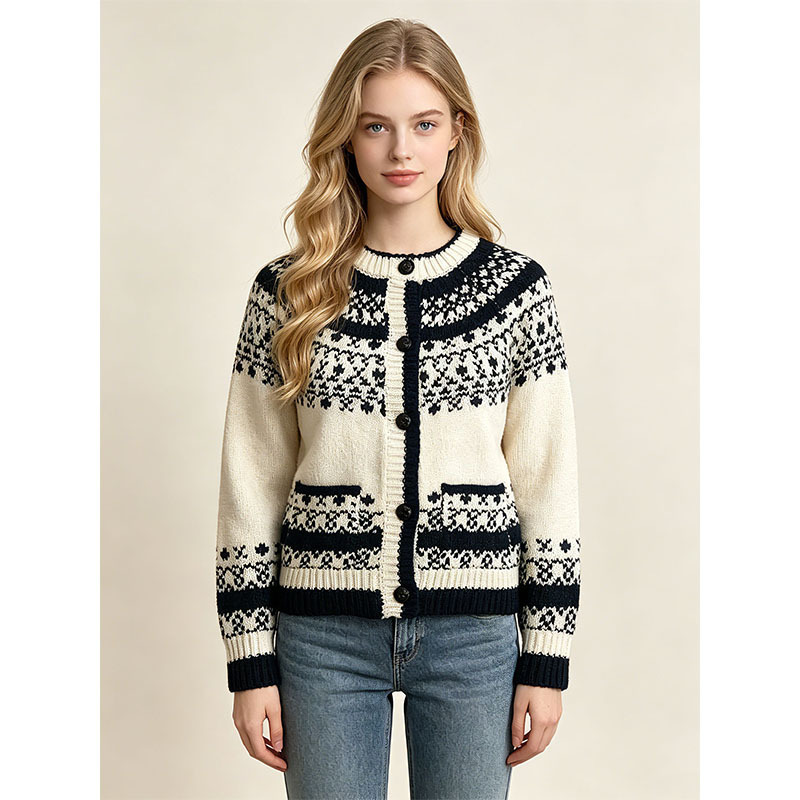 Cross-Border Nordic Fair Isle Jacquard Knit Cardigan Top for Women, New Autumn and Winter Vintage Round Neck Pocket Sweater Coat Cross-Border Nordic Fair Isle Jacquard Knit Cardigan Top for Women, New Autumn and Winter Vintage Round Neck Pocket Sweater Coat