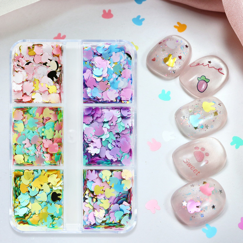 6-Pack of Light-Colored Cute Rabbit Nail Art Sequins, Colorful Easter Nail Glitter DIY Resin Wholesale