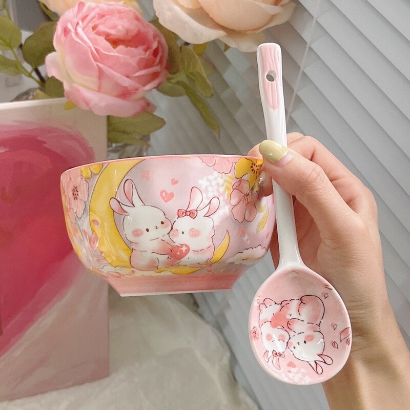 Garden Rabbit Rabbit Bowl Cute Ceramic Bowl Girly High-Temperature Underglaze Color Tableware Garden Rabbit Rabbit Bowl Cute Ceramic Bowl Girly High-Temperature Underglaze Color Tableware