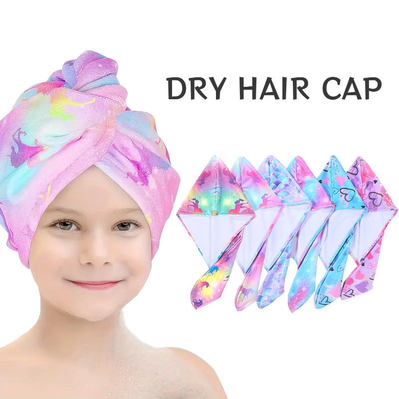 Absorción engrosada de agua para niños arco iris impresión sombrero de cabello seco envoltura de cabello microfibra lindo bebé niña bolsa de cabello seco