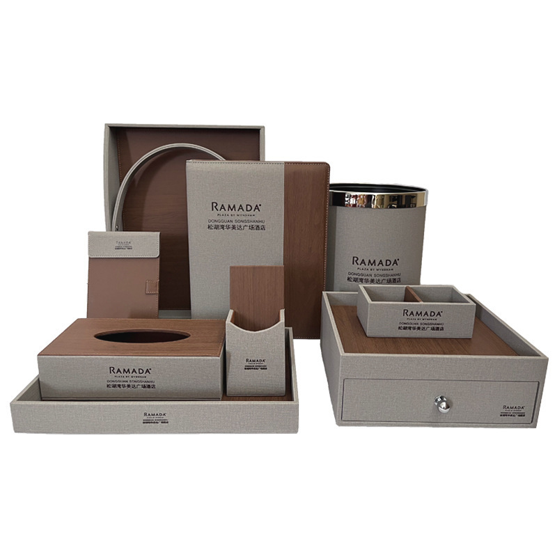 Caja de almacenamiento de hotel de cinco estrellas cuero conjunto de basura caja de toallas de cuero color de madera caja de control remoto