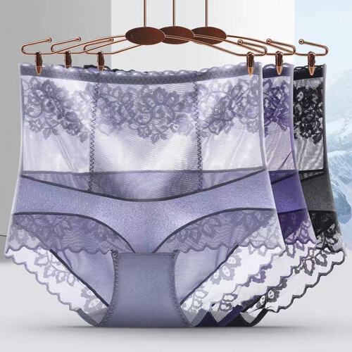 Seamless High Waist Hip Lifting Large Size Belly Controlling Women's Underwear Lace Semi-Transparent Hollow Pure Cotton Crotch Briefs for Girls
