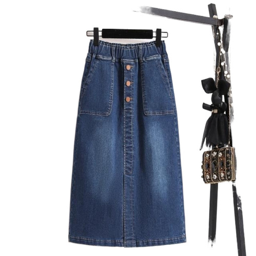 Spring new style elastic waist large size elastic split denim skirt fat medium long straight simple skirt