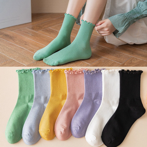 Fungus edge socks women's mid-calf socks white summer thin ins trendy Japanese style jk pile socks lace stockings summer