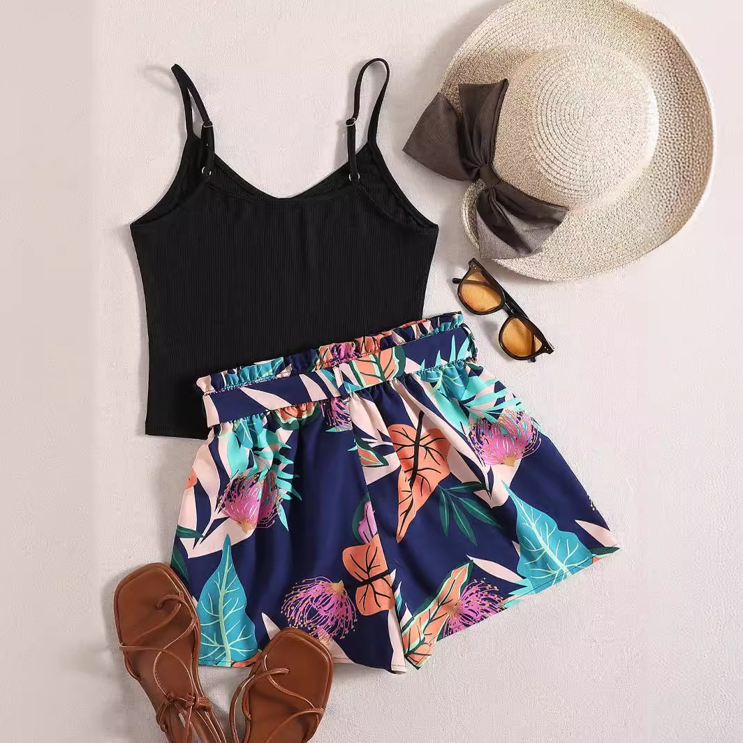 Foreign Trade Cross-border Summer Women's Clothing Beach Style Printed Short-sleeved Cardigan Fashion Strap Shorts Two-piece Set 2024 Fashionable Style