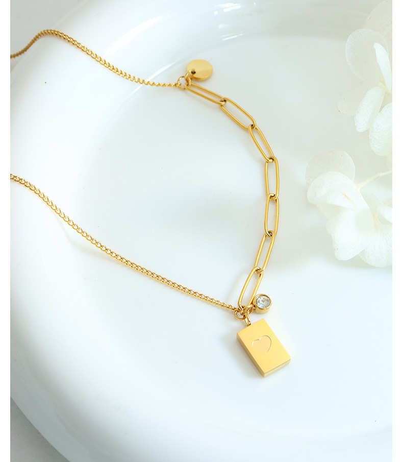 Vintage Style Heart Shape Rectangle Titanium Steel Inlay Zircon Pendant Necklace_colorza_5