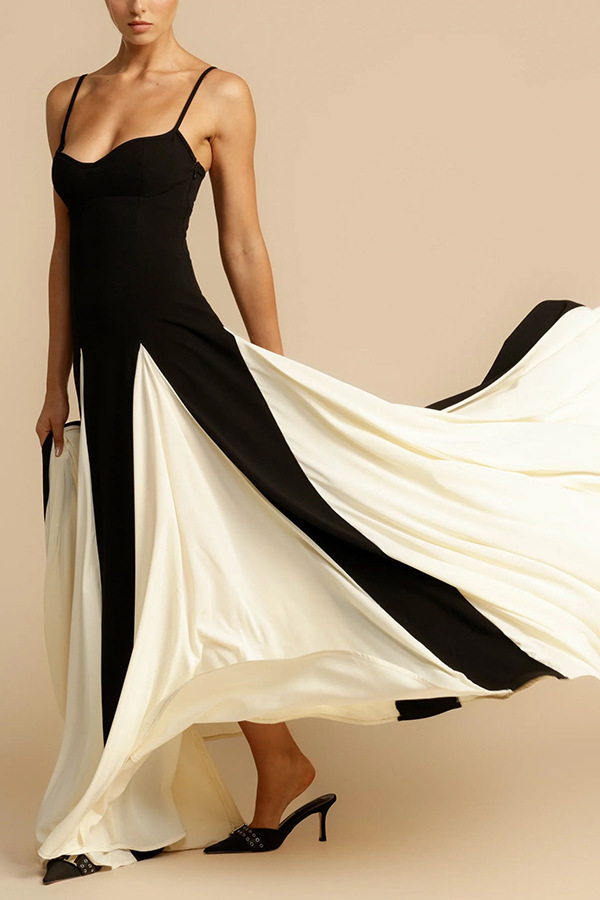 Strap Neckline Wholesale Women's Sexy Contrast Binding Color Block Holiday Date Strap Sleeveless Strap Dress Swing Dress