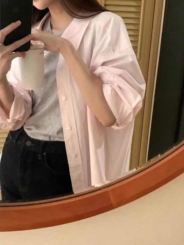 粉色长袖衬衫女士慵懒风polo领宽松开衫防晒外套衬衣法式春秋上衣|undefined