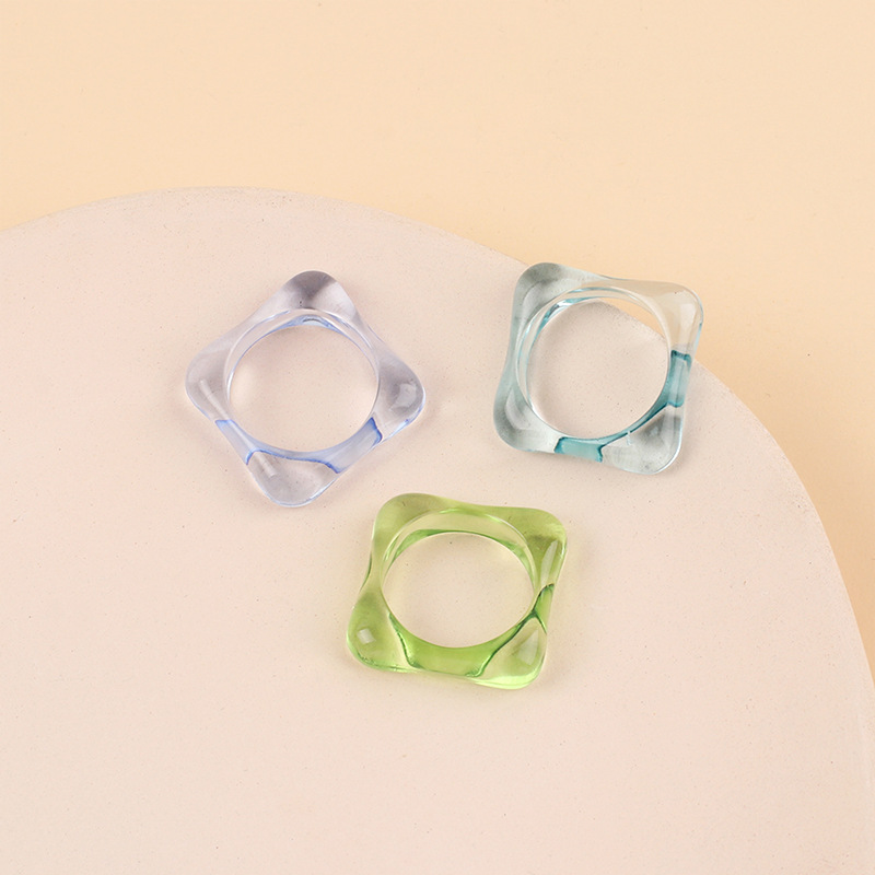 2g Weight Solid Color Pattern Women'S Gender INS Style Style Lake Blue, Pink, Green, Blue, Yellow Color One Size Size Simple Candy Color Square Acrylic Transparent Ring Set 7