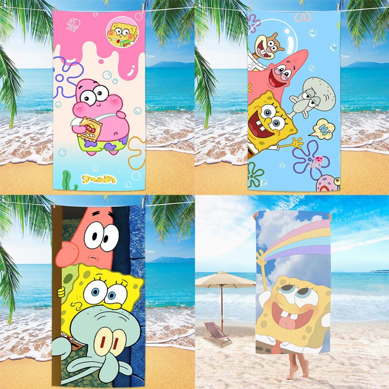 Cross-border Long Beach Towel Microfiber Printed Cartoon Children Quick-drying Absorbent Spongebob Soft Bath Towel Towel