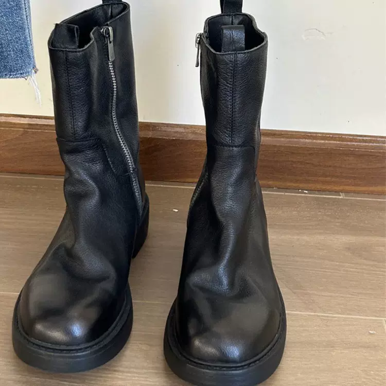 马丁靴女2025新款复古软皮褶皱靴粗跟圆头烟筒靴侧拉链百搭短靴子