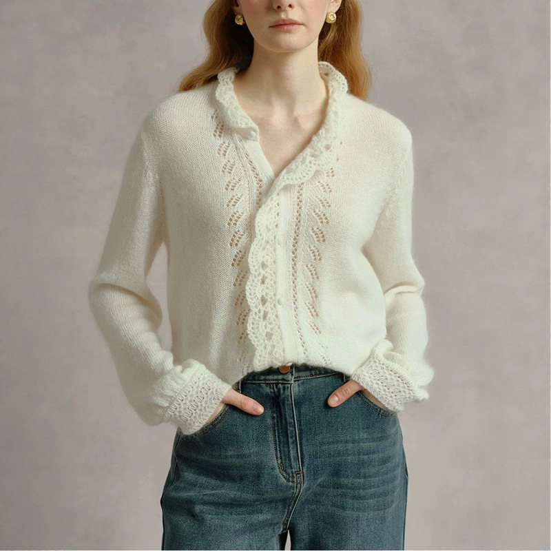 In-Stock French-Style Fairy Sweater, Wool Hollow-Out Jacquard, Light Luxury, Hand-Crocheted Edge Cardigan, Elegant White Top In-Stock French-Style Fairy Sweater, Wool Hollow-Out Jacquard, Light Luxury, Hand-Crocheted Edge Cardigan, Elegant White Top