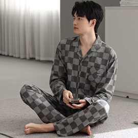 简约纯棉款睡衣男士春秋款秋冬季纯棉长袖家居服男款薄款全棉套装