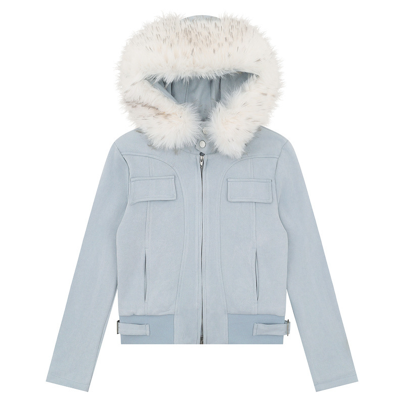 Original Design Men's Clothing Autumn and Winter Two-Tone Hooded Large Fur Collar Suede Slim-Fit Shearling Jacket