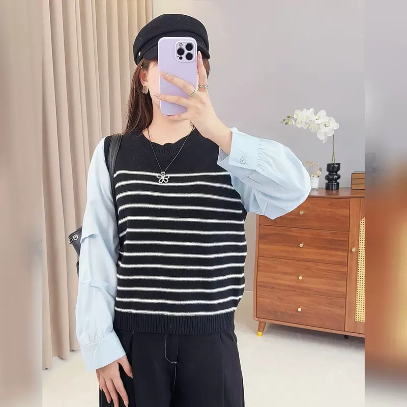双天25年大码胖mm女装秋季时尚百搭假两件条纹毛衣女F560
