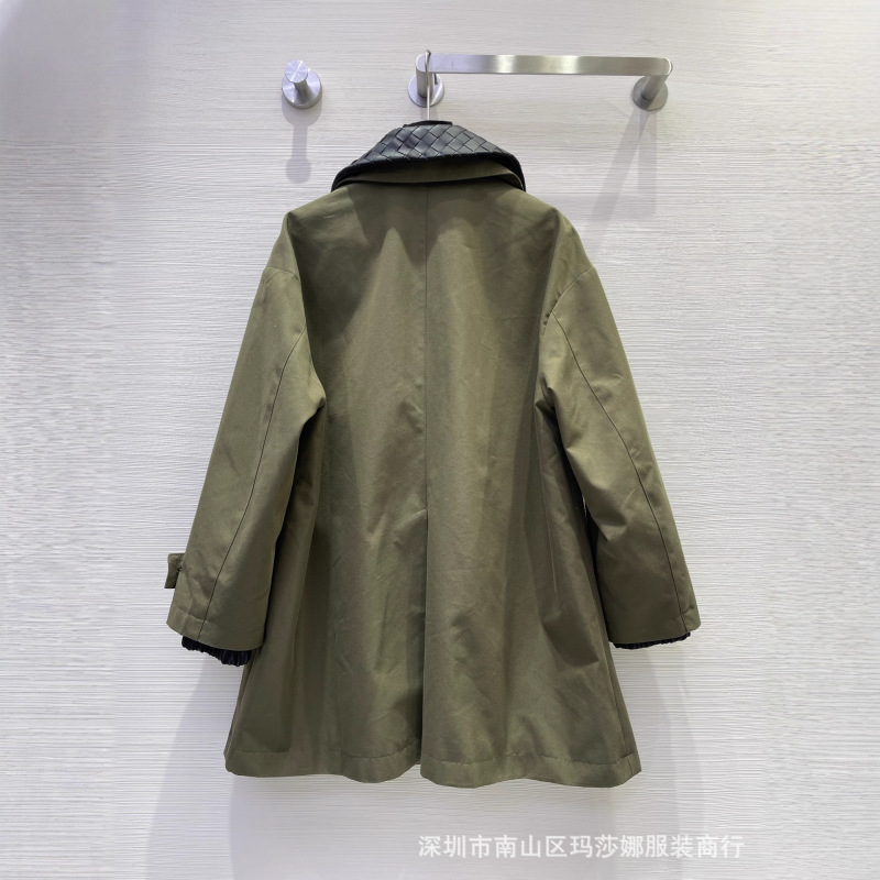 高极感秋冬新款气质翻领领宽松百搭时髦编织真皮领拼色风衣中长款|undefined