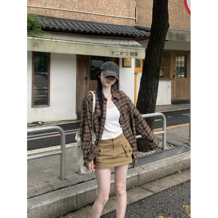 红人馆格子衬衫女秋季高级感chic别致上衣法式宽松咖色慵懒风衬衣|undefined