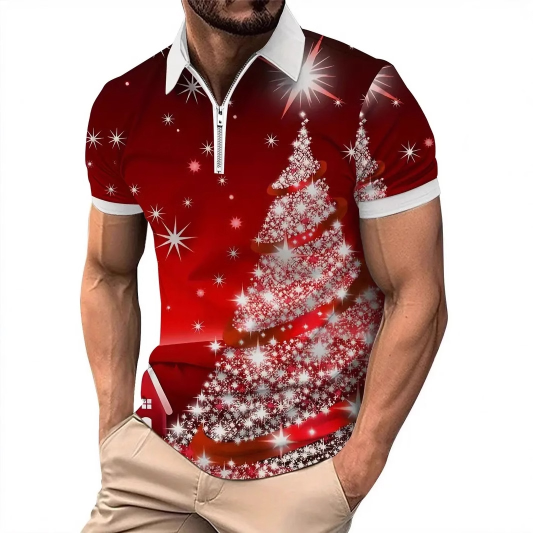 Venta caliente brillante árbol de Navidad estampado 3D hombres vacaciones ropa top suelta transpirable manga corta cremallera camisa POLO