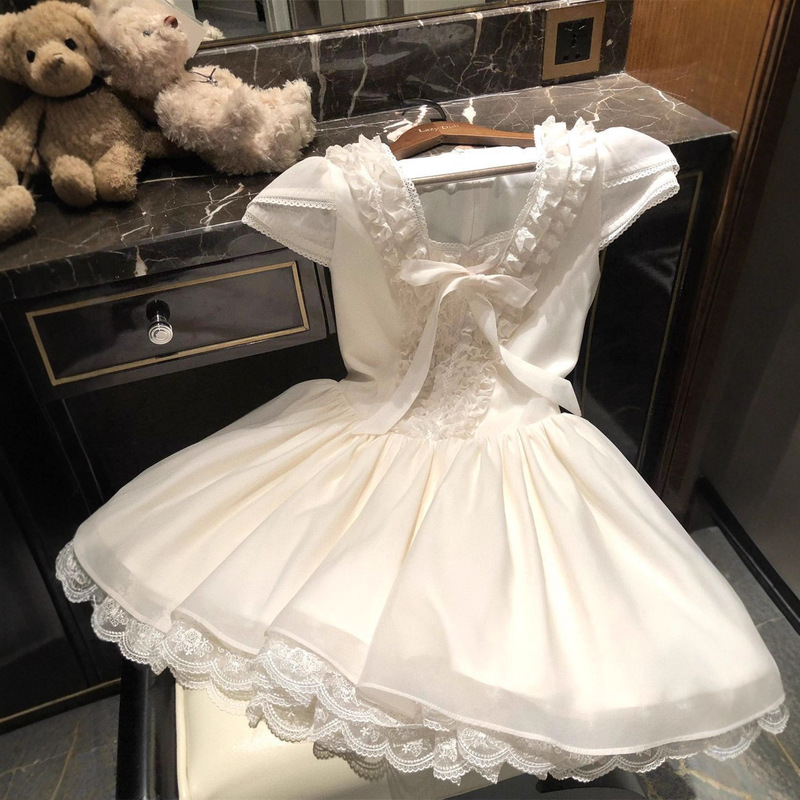 女童韩系蝴蝶结蓬蓬连衣裙夏装中大童花边洋气蕾丝公主风公主裙子|undefined