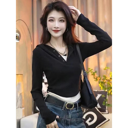 Glamorous Hong Kong-style trendy hooded design long-sleeved women's early spring high-end faux two-piece top slim-fitting versatile slimming T-shirt