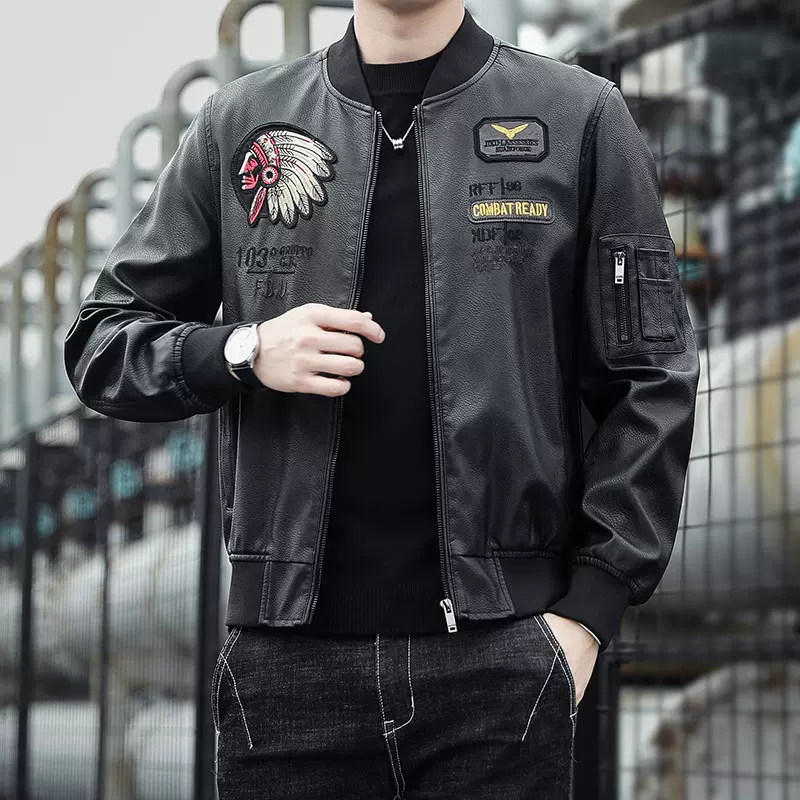 2019男式pu皮衣棒球领刺绣机车服春秋男式休闲潮流皮夹克一件代发