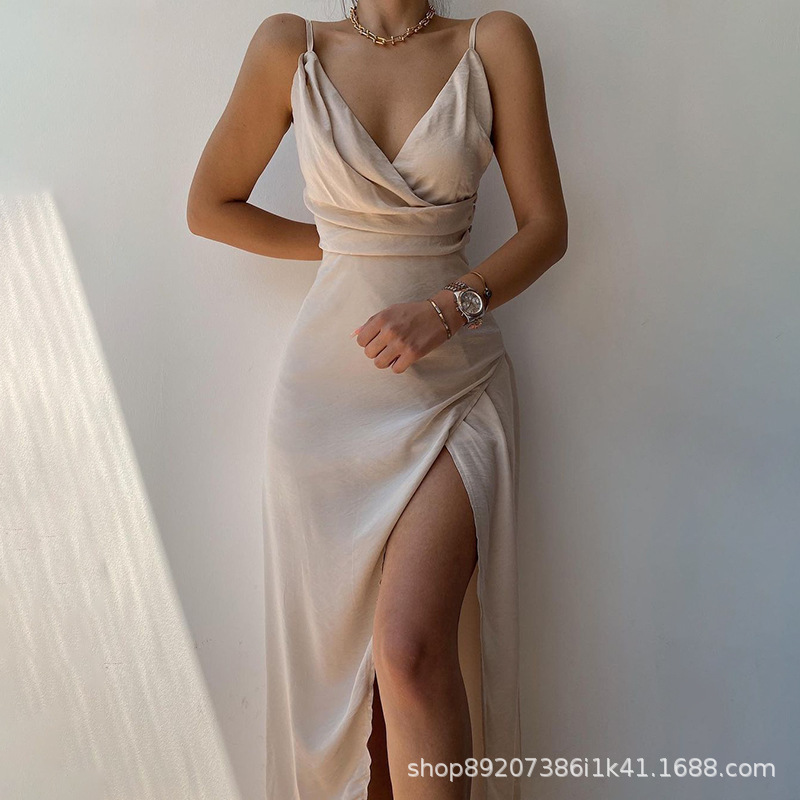 2024 Spring Amazon European and American Sexy V-Neck Suspender Slit Dress Foreign Trade Women's Mid-Length Dress