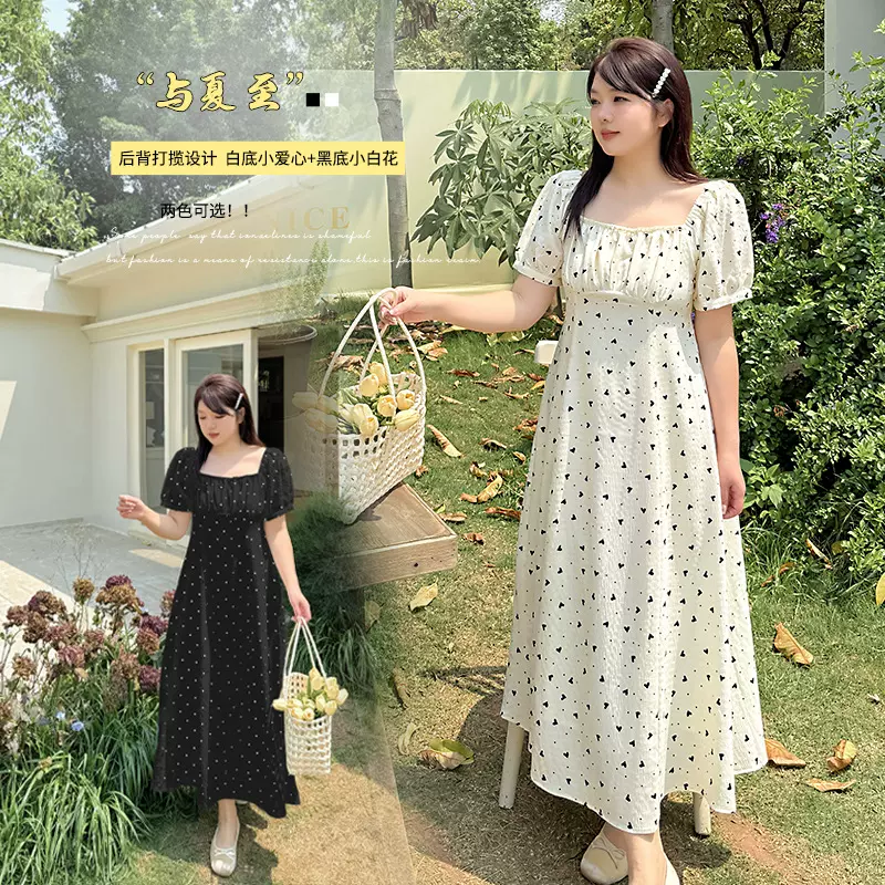 法式方领泡泡袖连衣裙2025夏季新款胖mm温柔气质收腰茶歇裙242244