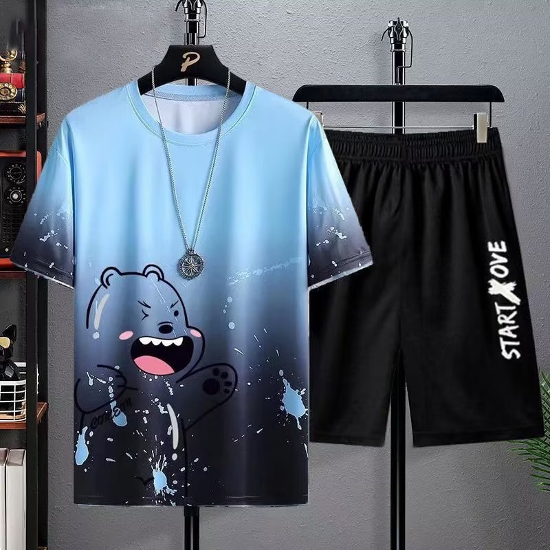 Traje de camiseta de manga corta de seda de hielo para hombres más tamaño adolescentes 2023 nuevo conjunto de verano de ropa casual a juego guapo T