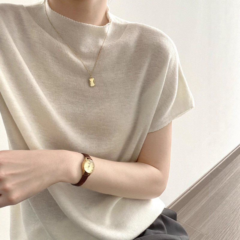 Basic House/Baijiahao Black Half-High Collar Short-Sleeved Knitwear Women's Summer Slim-Fit Ice Silk Half-Sleeved Top Basic House/Baijiahao Black Half-High Collar Short-Sleeved Knitwear Women's Summer Slim-Fit Ice Silk Half-Sleeved Top