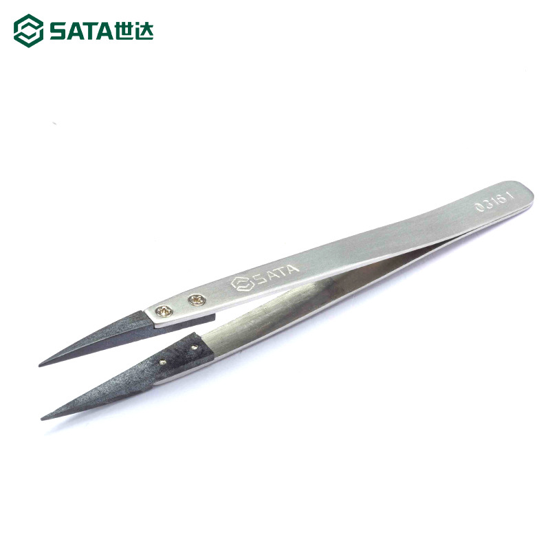 世达工具五金不锈钢防滑防静电镊子尖头镊子宽头镊弯头镊子03161