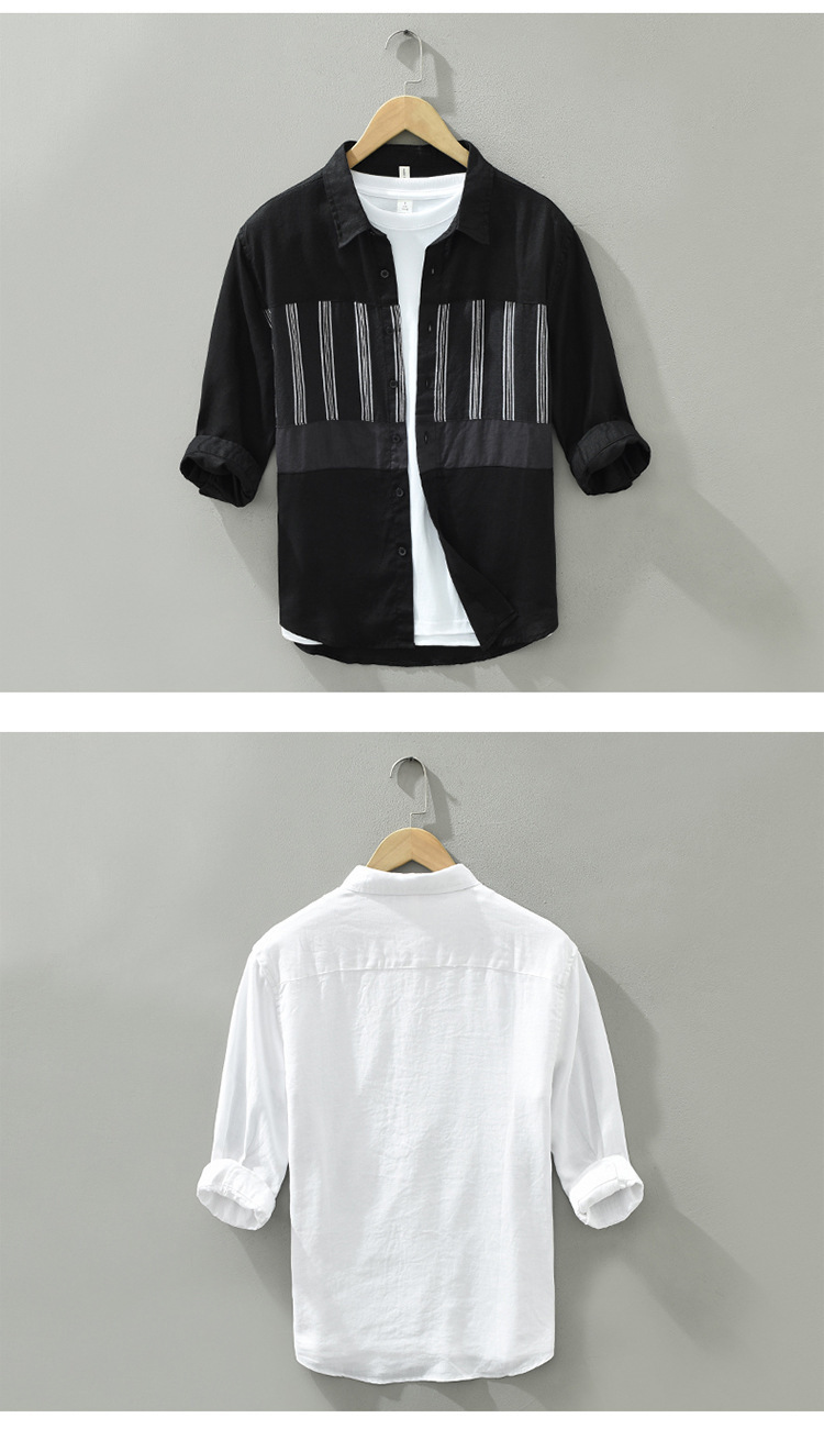 2026 Men's Loose-Fit Trendy Casual Japanese Style Patchwork Three-Quarter Sleeve Linen Shirt, Wholesale Available_viptrois.com