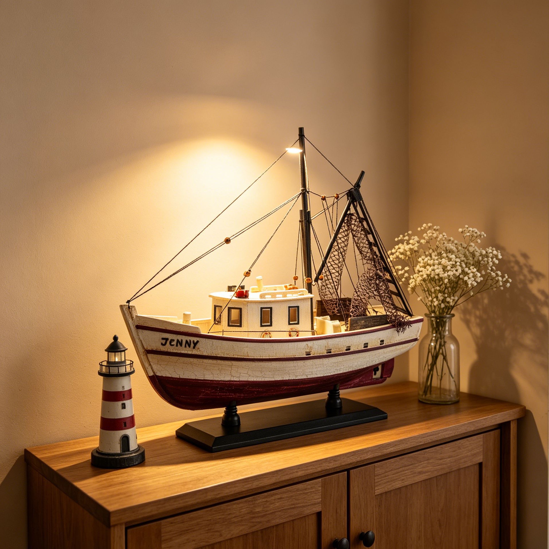 Jenny modelo de barco de pesca nostálgico hecho a mano de madera sólida hace viejos decorados de escritorio creativos para el hogar regalo barco artesanal