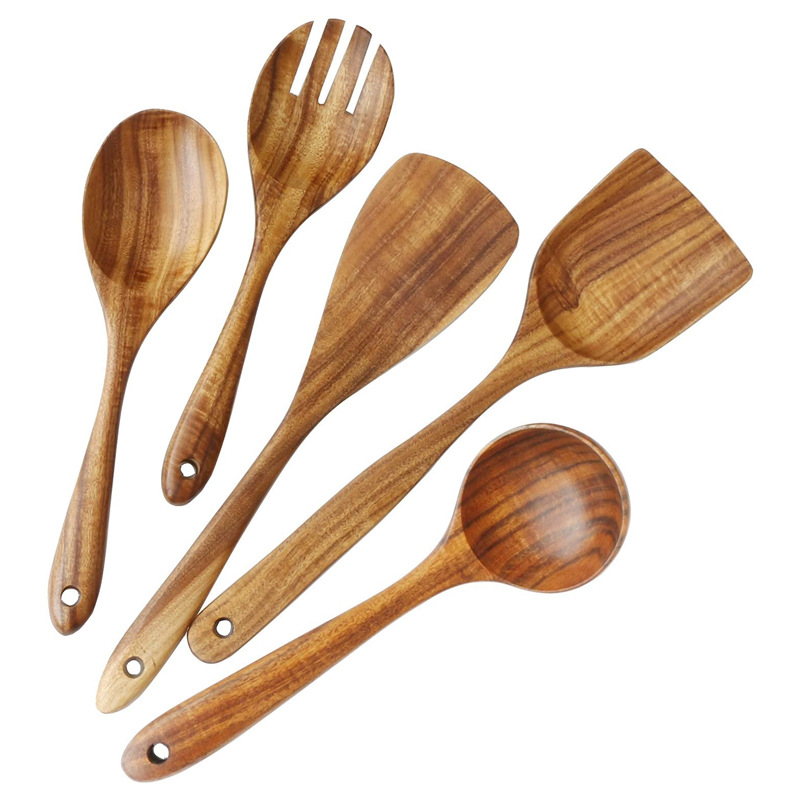 Juego de cocina de teca, cuchara de pala de madera maciza, tenedor, sartén antiadherente, utensilios de cocina de madera de acacia, espátula de mango largo, juego de cocina de 9 piezas