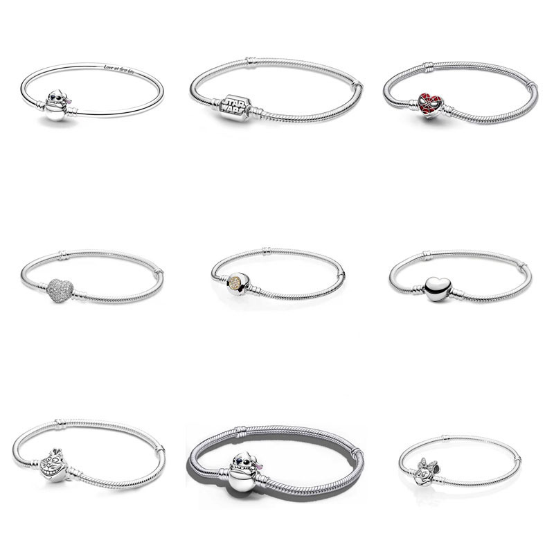 White copper silver-plated bracelet with round clasp, basic chain, cartoon bangle, snake bone chain, can be matched with DIY bead accessories