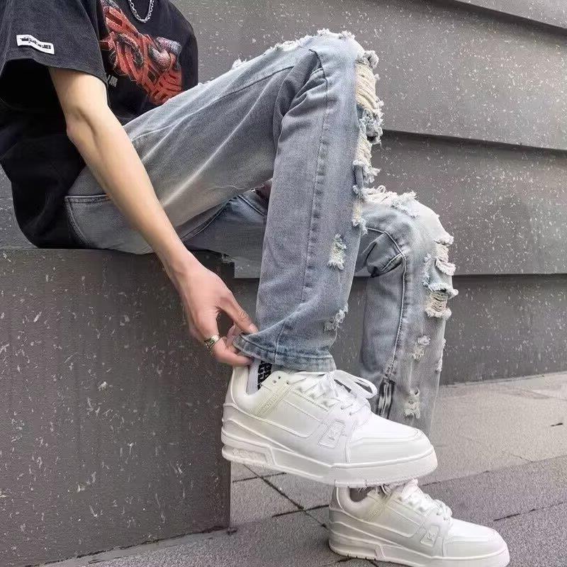 2024 American Retro High Street Trendy Ripped Jeans Men's Summer Straight Slim Fit Distressed Pants