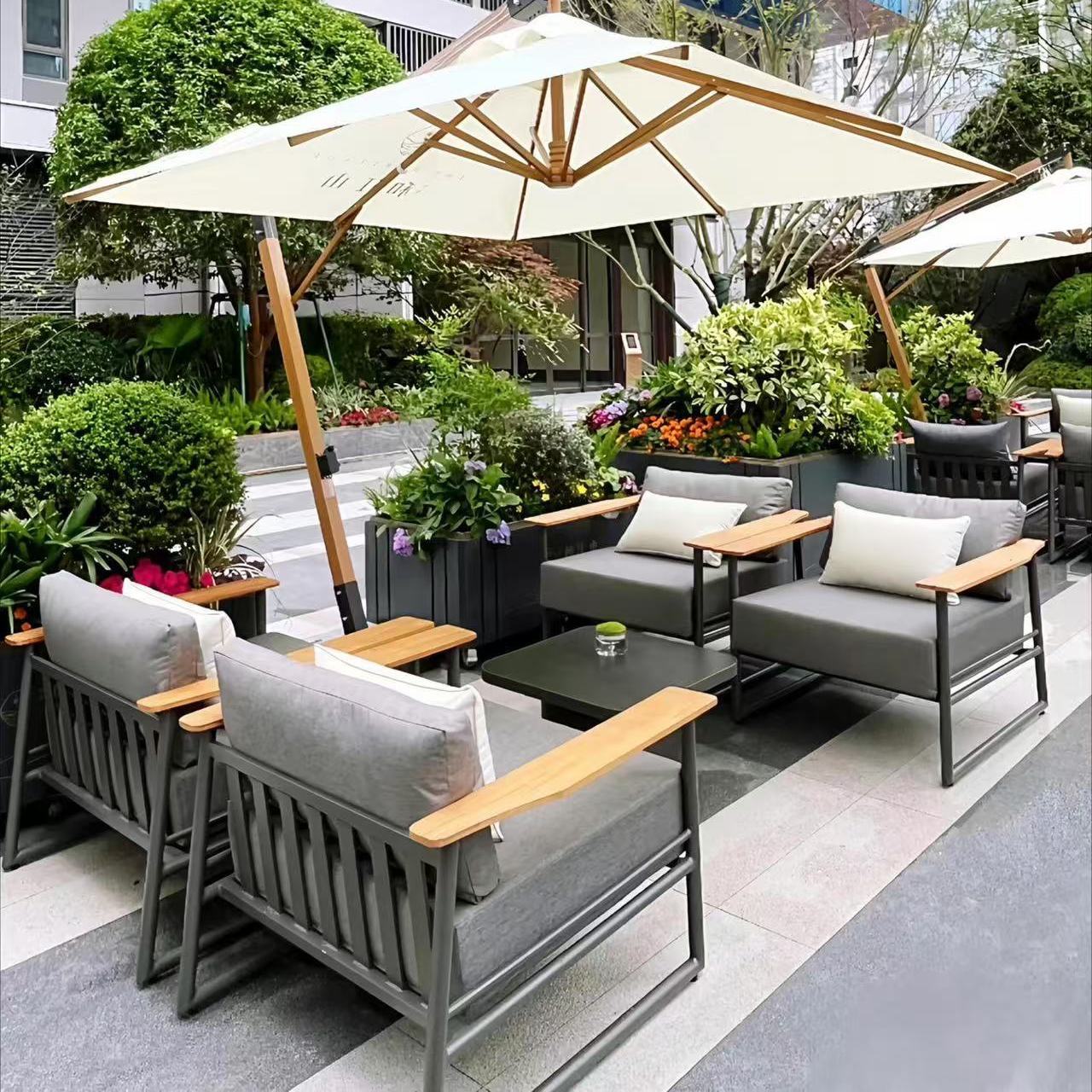 Sofá al aire libre patio terraza hotel impermeable protección solar exposición edificio al aire libre área de ocio combinación de muebles de aleación de aluminio