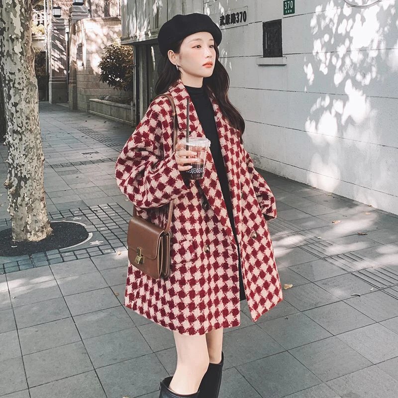 Woolen Outwear for Women 2025 Winter New Version Loose Slimming Look Korean Plaid Suit Thickeneded Woolen Outwear A2461