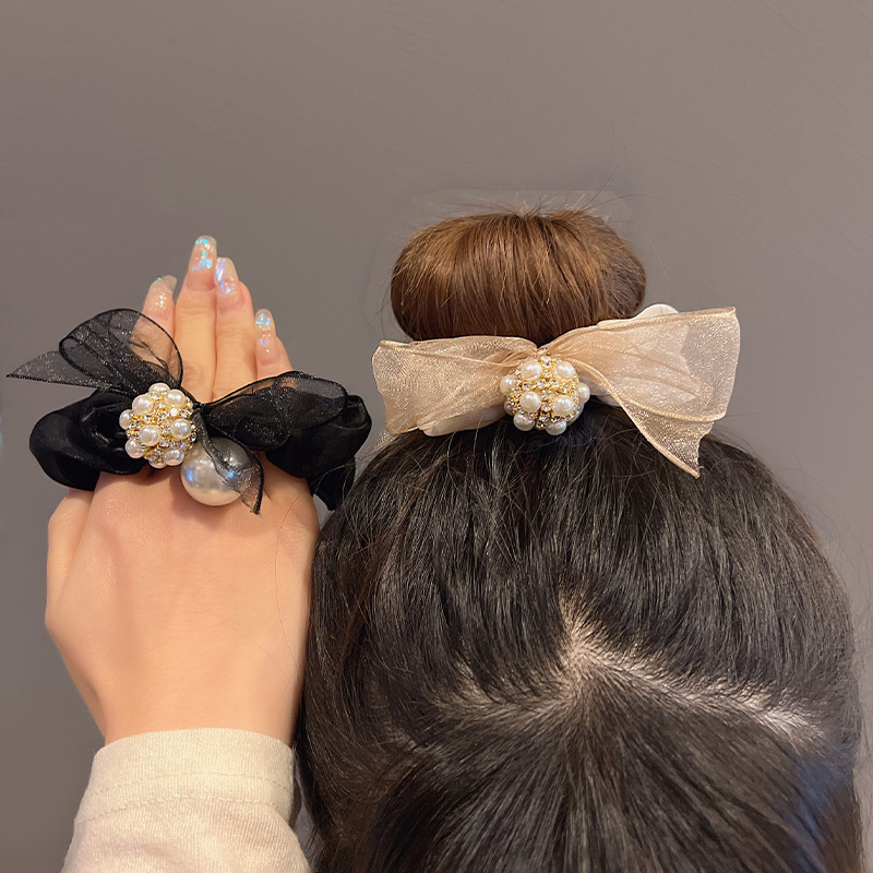 Elegante elastico per capelli con fiocco in rete e perle_voghion.com