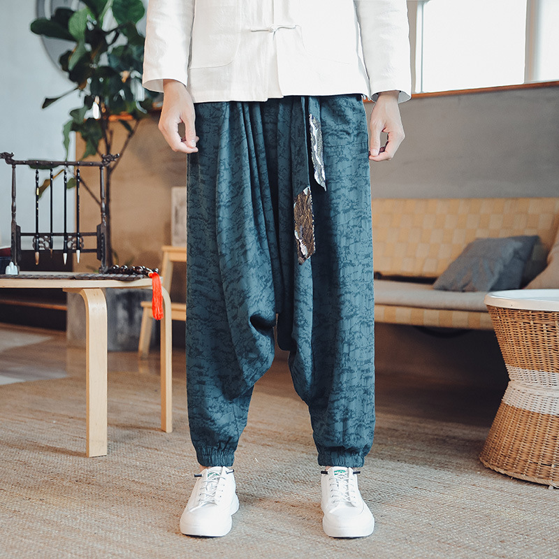 Autumn 2024 new Chinese style cotton and linen stitching loose hanging crotch pants trend hanging crotch pants baggy pants a generation of hair
