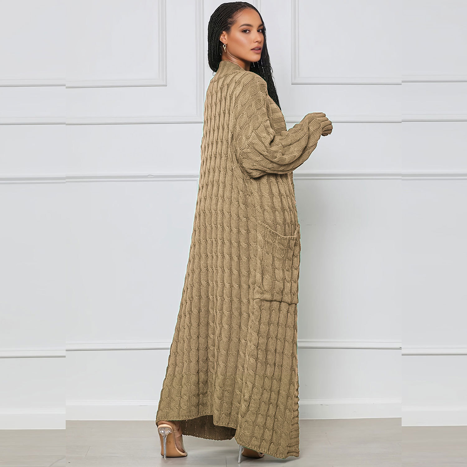 Damen Strickjacke Lang Aus Grobstrick In Unifarben Wintermantel_voghion.com