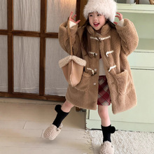 瑜瑜公主 女童冬季韩版羊羔毛外套 儿童加厚夹棉中长款牛角扣大衣