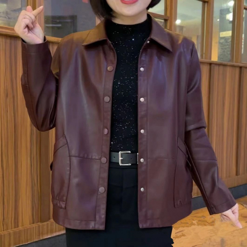 2025 Spring and Autumn Women's Loose Leather Jacket Casual Fashion Lapel Leather Jacket Washed Leather Covering Flesh Slimming Jacket