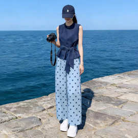 优雅花边无袖上衣波点阔腿裤女2026夏季显瘦减龄休闲运动两件套