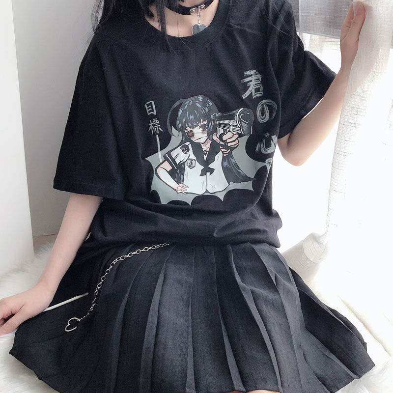 Cross-Border Japanese Style Short-Sleeved Summer Ins Preppy Style Dark Anime Loose T-Shirt Female Student Couple Style Top Trendy