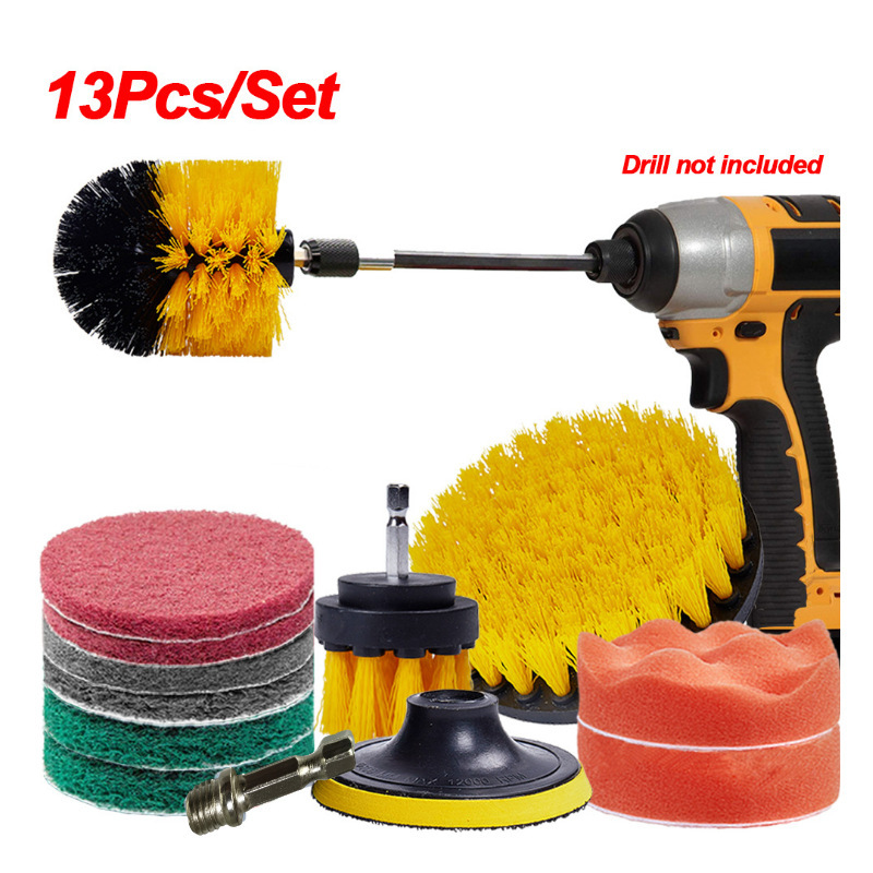 跨境爆款电动清洁刷头13件套电钻刷头万向杆加长杆电钻刷组合套装