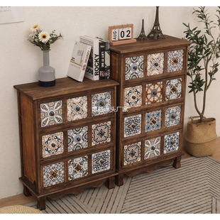 Painted Bucket Cabinet Vintage Bedroom Storage Cabinet American Style Black Walnut Color Household Living Room Wooden Storage Cabinet