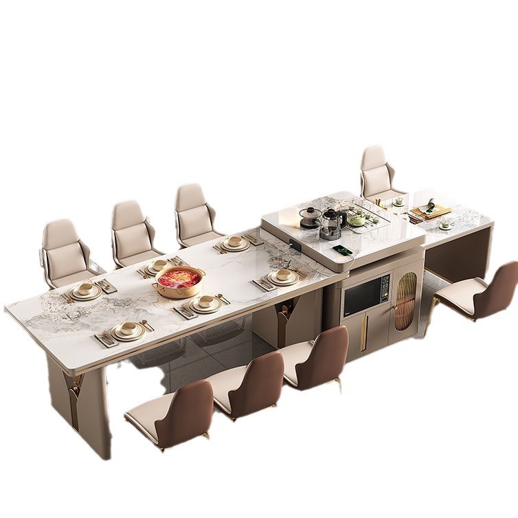 Mesa de comedor moderna de lujo ligera de roca de la isla de la mesa de comedor retráctil doméstica móvil multifuncional horno electromagnético mesa de comedor